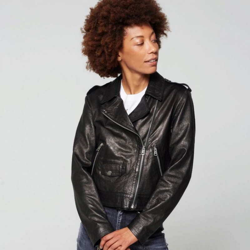 Black A.S.98 Leather Katy Women's Jackets | IL-TQDV58176