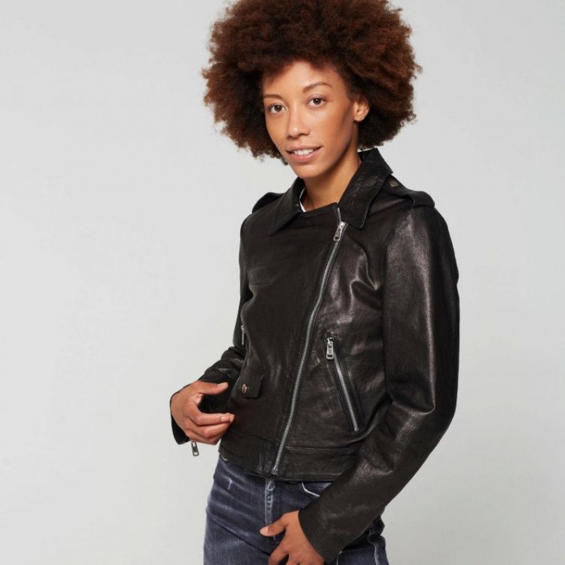 Black A.S.98 Leather Katy Women's Jackets | IL-TQDV58176