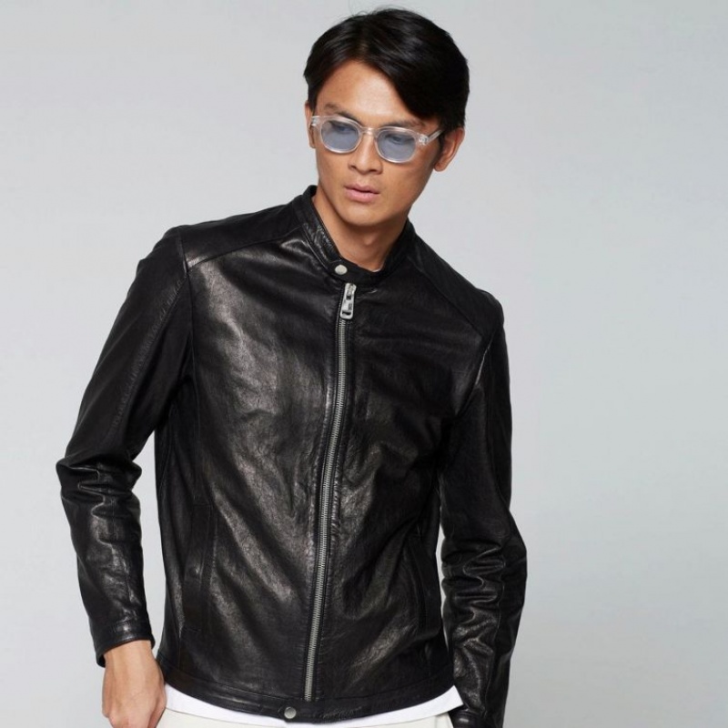 Black A.S.98 Leather Kurt Men's Jackets | IL-BCKU83504