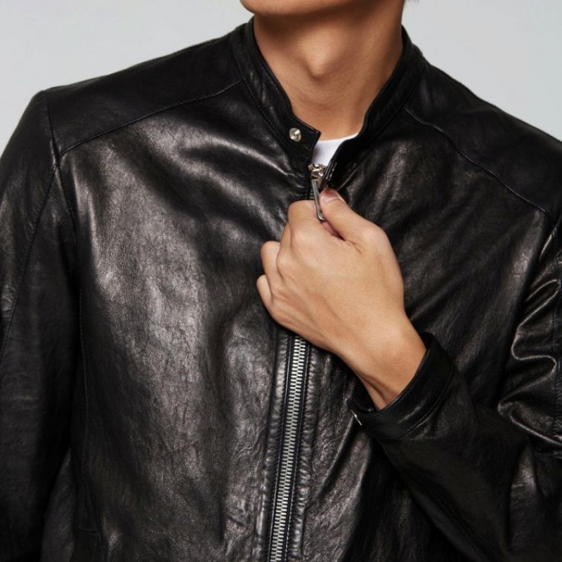 Black A.S.98 Leather Kurt Men's Jackets | IL-BCKU83504